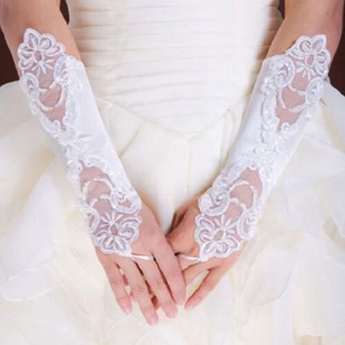 1 Pair Women Bridal Long Gloves Fingerless Embroidery Lace Glitter Sequins Solid Color Elbow Length Mittens Hook Finger We