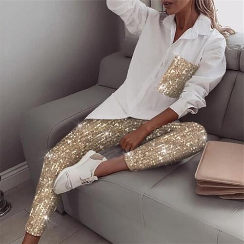 Women Fashion Sequin Two Piece Set Long Sleeve Womens Tops and Blouses Femme Two Piece Outfits Elastic Waist Long Pants Sets