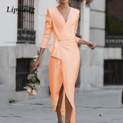 Women Elegant Twist Drape Long Dress Ladies Fashion Solid Long Sleeve Dress Spring Autumn Sexy V Neck Wrap Slit Party Dresses