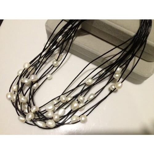 2015 Leather Pearl Necklace Multi Layer Natural Fresh Water Pearl Necklace Casual Women Pearl Jewerlry Free Shipping