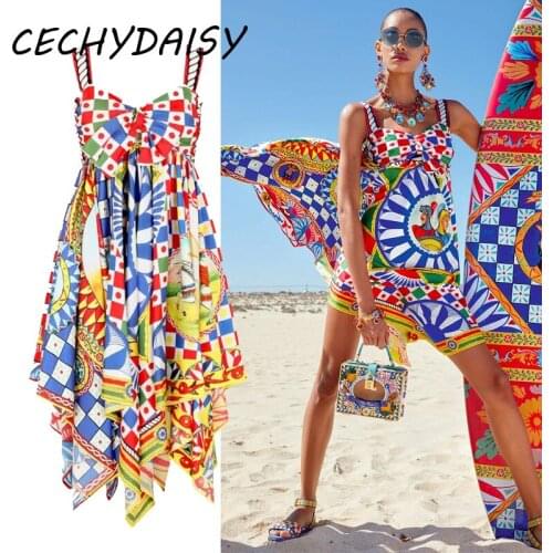 Runway Spaghetti Strap Dress 2021 Fashion Vintage Floral Printed Women High Street Party Indie Folk Designer Brand Dresses Robes