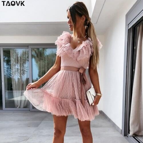 TAOVK Women Vintage Short Dress Floral V-Neck Polka Dots Mesh Sleeveless Ruffles Casual Pleated Dress Elegant Sexy Chic Dress