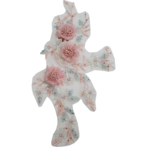 2Pcs Embroidery 3D Floral Lace Applique Patch Delicate Pearl Wedding Clothing Decoration Sewing DIY Accessories