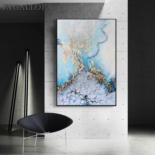 Golden Blue Ocean Abstract Wall Art Picture River Fluid Canvas Painting Posters and Prints Living Room Wall Art Pictures Tableau