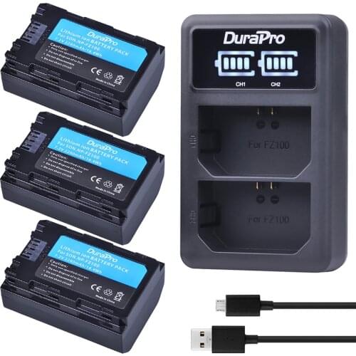 3PC 2280mAH NP FZ100 Battery + LED Charger for Sony NP-FZ100 BC-QZ1 Alpha 9, A7RIII, ILCE-7RM3 for Sony A9, A9R, Alpha 9s Camera