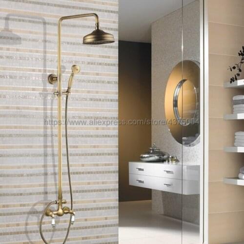 Antique Brass Bathroom 8" Rainfall Shower Faucet Set Double Handle Bath Shower Mixer Taps Wall Mounted with Handshower Nan102