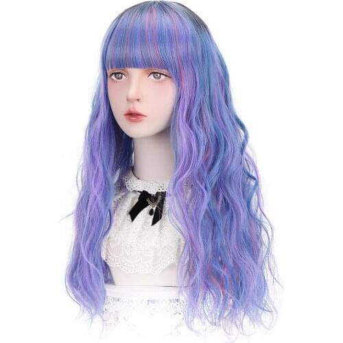 Free Beauty Long Wavy Synthetic Multicolor Blue Purple Pink Auburn Marron Hair Wigs with Bangs for Women Lolita Cosplay Costume