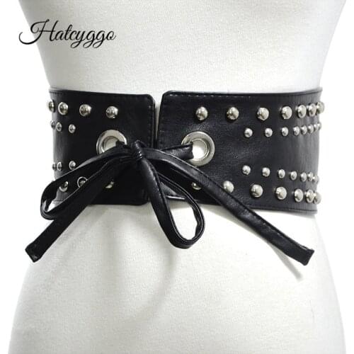 HATCYGGO Fashion Wide Belts For Women Rivet Leather Waist Corset Belt Punk Black Cummerbund Female Dress Waistband Accessory