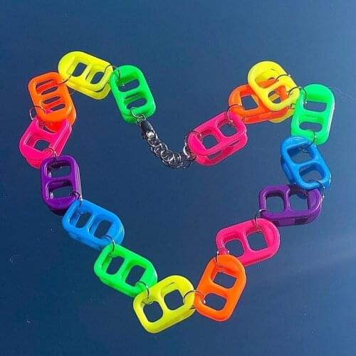 Harajuku Colorful Acrylic Pendant Necklace Stainless Steel Chain Women Men Geometric Punk Cool Couple Vintage Choker Jewelry New