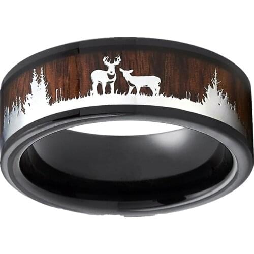Men Ring Couple Gift Black Tungsten Hunting Ring Wedding Band Wood Inlay Deer Stag Silhouette Ring Surprise Birthday Present