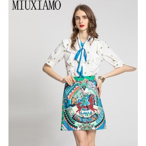 2021 New Summer Fashion Suit Patchwork Ruffles Shirt +Slim Buttocks Print Short Skirt Two-Piece Womens Wear