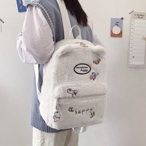Japanese Style 2021 New Winter Plush Backpack Women Cartoon Bear Faux Fur Kawaii Backpack Preppy Cute Backpack Mochila Feminina