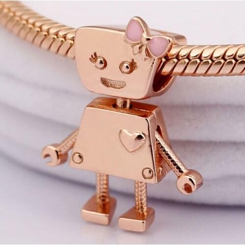 Original Rose Gold Cute Bella Bot Robot Beads Fit 925 Sterling Silver Bead Charm Bracelet Bangle Diy Jewelry