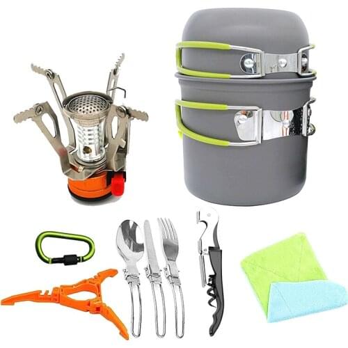 Outdoor Tableware Hiking Pot Camping Utensils Cookware With Gas Stove Folding Knife Spoon Fork Camping Equipment Cooking Set