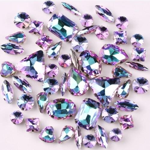 Silver claw settings 50pcs/bag shapes mix Violet rainbow glass crystal sew on rhinestone wedding dress shoes bags diy trim