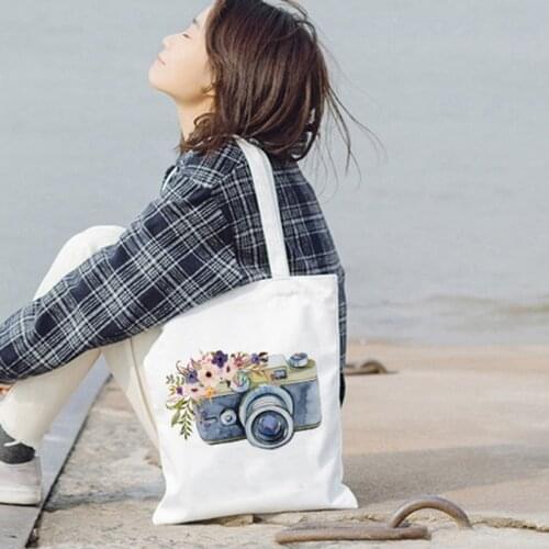 Camera Graphic Retro Lovely Handbags Shoulder Bags Totes Large Capacity Vintage Camera Tote Bag Photographer Canvas Cloth Bags