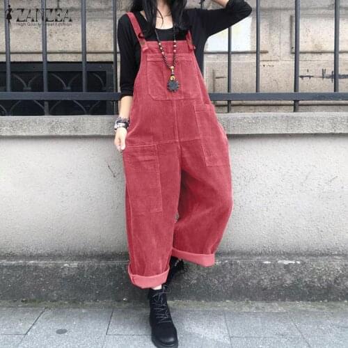 Kaftan Corduroy Overalls Womens Spring Jumpsuits ZANZEA 2021 Casual Suspender Harem Pants Female Solid Rompers Femme Oversize