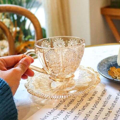 Nordic Vintage Relief Flower Pattern Coffee Mugs Luxury Water Cafe Tea Milk Cups Condensed Coffee Glass Cup Saucer Suit SetCups