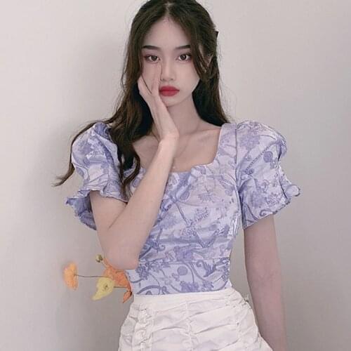 Summer Casual French Retro Hollow Top Square Neck Printed Puff Sleeve Ladies Shirt
