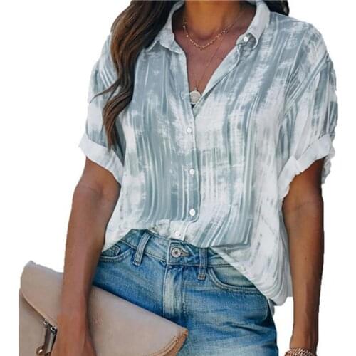 Women Stylish Loose Print Casual Shirt Sweat Absorbing Shirt Buttons Closure Workwear
