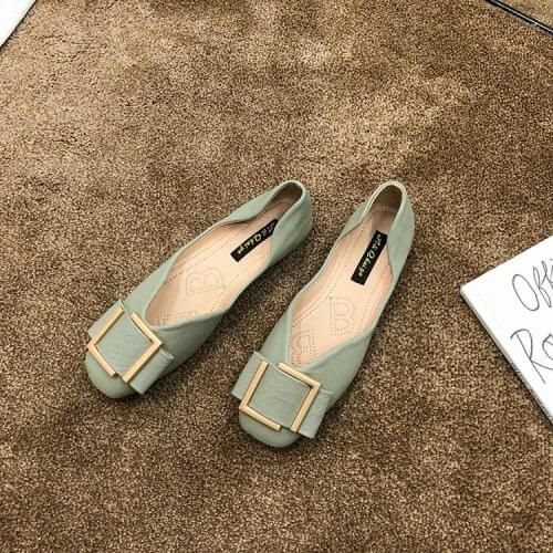 Women Ballet Flats Shoes Women Genuine Leather Metal Square Buckle Fashion Square Toe Shoes For Women Soft Comfort Big Size 44