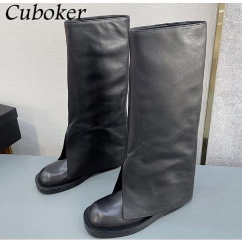 Brand Runway Women Knee High Boots Genuine Leather Knight Boots For Women Runway Shoes Flat Hide Wedge Heel Runway Boots Women