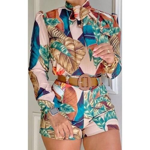 Women Set Tropical Print high collar Bandage Long Sleeve Top & Shorts Set Two Piece