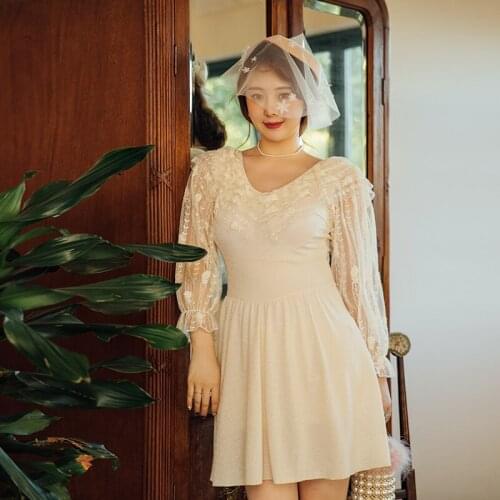 Plus Size Ruffled Swimsuit Women One Piece Solid Swimwear Long Sleeve Gauze V-neck Korean Style Bathing Suit 2XL-5XL Skirts Pads