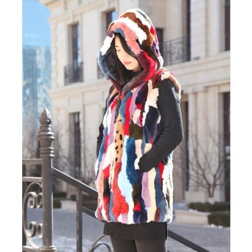 New real genuine natural rex rabbit Fur vest with hood Womens fashion multi-color Jacket gilet warm winter custom any size
