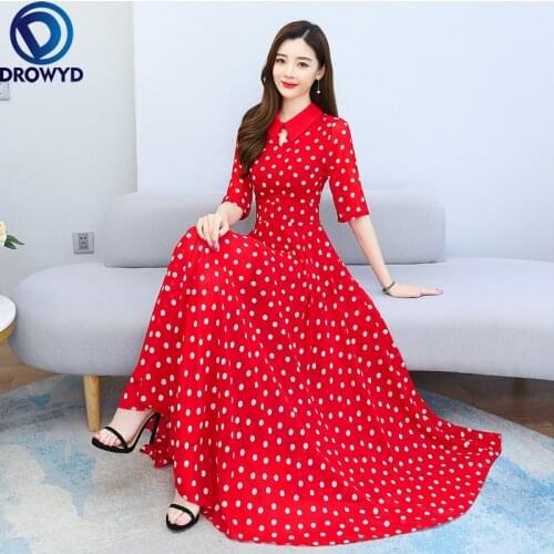 2021 Summer Dot Print Chiffon Beach Maxi Dress Women Vintage Red Midi Sundress Fashion Elegant Chic Bodycon Black Party Vestidos