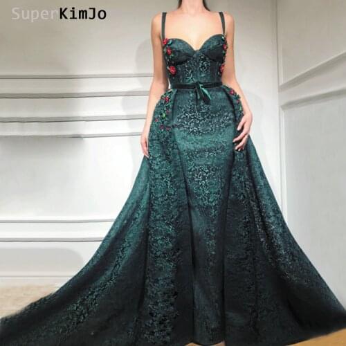 SuperKimJo Detachable Skirt Lace Evening Dresses 2019 Vestido De Festa Hunter Green Elegant Arabic Evening Gown Robe De Soiree