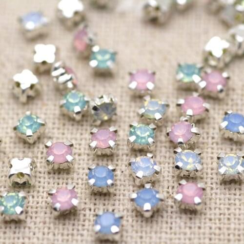 100pcs Mix opal color Sew on Rhinestones with Silver base Claw Glass Rhinestones Flatback with holes For DIY garments dress