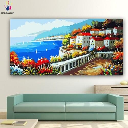 DIY colorings pictures by numbers with colors Seaside town Whale singing picture drawing painting by numbers framed Home