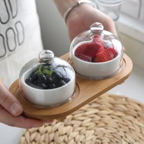Ceramic Cake Bowl Bamboo Wedding Tray With Glass Cover Dessert Pudding Ice Cream Cup