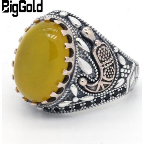 Natural Stone Men Ring 925 Sterling Silver Yellow Onyx & Black CZ Antique Celebration Lucky Rings for Men Women Turkish Jewelry