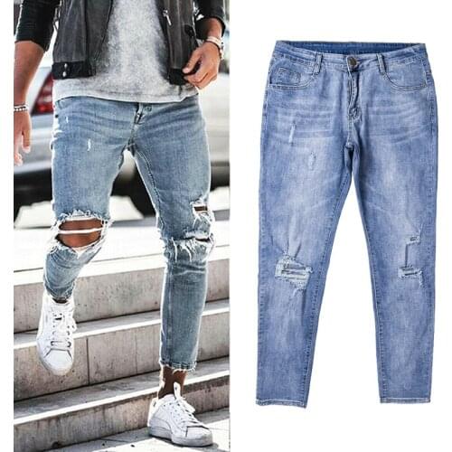 Handsome Fashion Mens Ripped Skinny Jeans Destroyed Frayed Slim Fit Denim Pants Holes Trousers Light Blue S-XXL