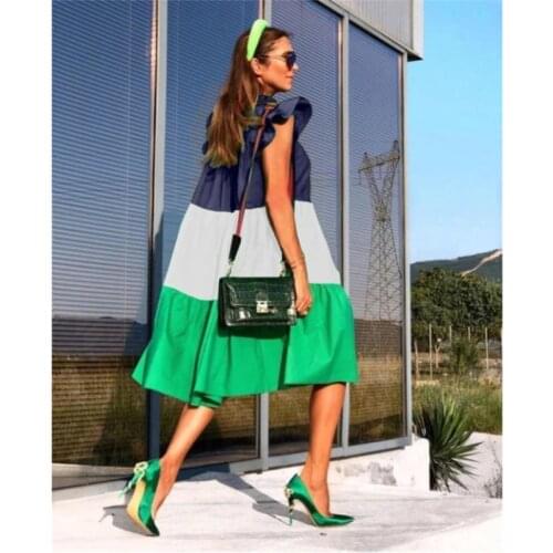 Summer Casual Plus Size Loose Women Dress Party Round Neck Fashion Contrast Color Stitching Short Skirt A-line Skirt -40