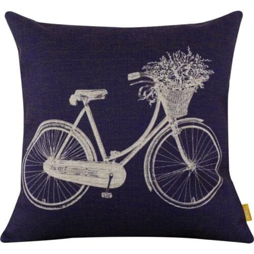 LINKWELL 45x45cm Modern Dark Blue Bicycle Bike with Flower Basket for Home Decoration Burlap Cushion Cover Case Pillowcase Cover