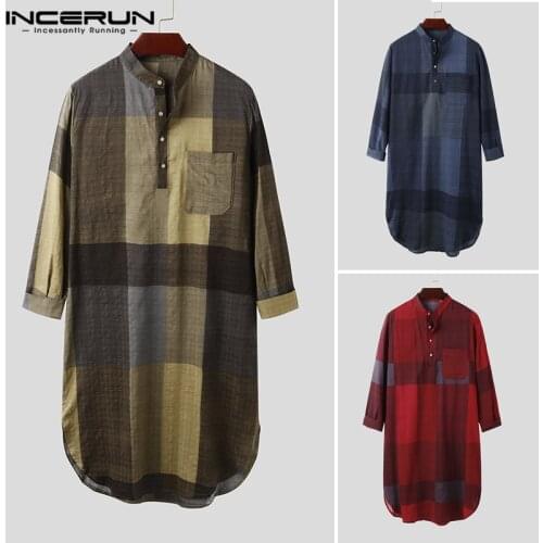 INCERUN Muslim Men Islamic Kaftan Plaid Long Sleeve 2021 Stand Collar Casual Robes Arabic Vintage Caftan Cotton Men Jubba Thobe