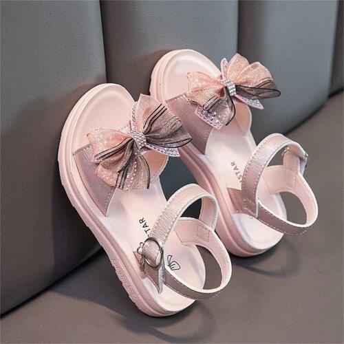 Kids Sandals Summer Bowknot Hook Loop Sandals Shoes Toddler Kids Baby Girls Cute Sandals Crystal Non-slip Shoes Beach Sandals