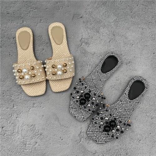 Crystal denim slippers woman square toe tassel pearl decorate jeans slides ladies star studs rhinestone flip flops female shoes