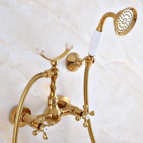 Contemporary Luxury Gold Color Brass Wall Mounted Bathtub Faucet with Handheld Shower Set +150CM Hose Mixer Tap 2na938