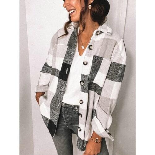 Stylish Sweet Plaid Woolen Shirt Jackets Women Fashion Pockets Turn-down Collar Check Jacket Cute Girls Chic Coat Streetwear