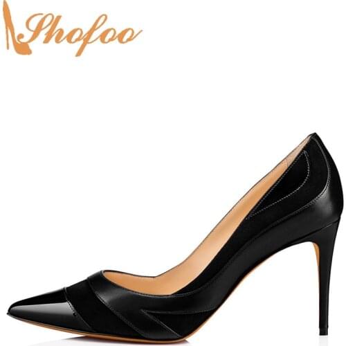 Black Patchwork Stilettos High Thin Heels Pointed Toe Pumps Woman Patent Leather Large Size 11 14 Ladies Mature Shoes Shofoo