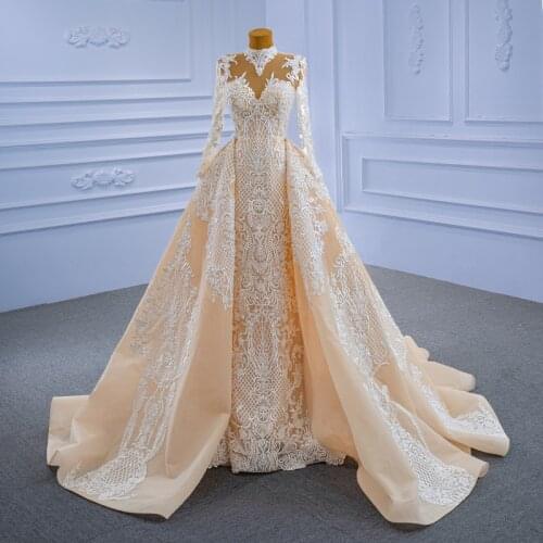Gorgeous champange Appliques Detachable Train Mermaid Wedding Dress 2021 Nr.67338 Beaded Sashes Long Sleeve Vintage Bride Gown