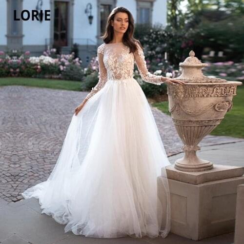 LORIE Vintage Wedding Dresses Boho O-Neck Appliques Lace A-Line Tulle Skirt Long Sleeves Princess Bride Gown 2021 suknia ślubna