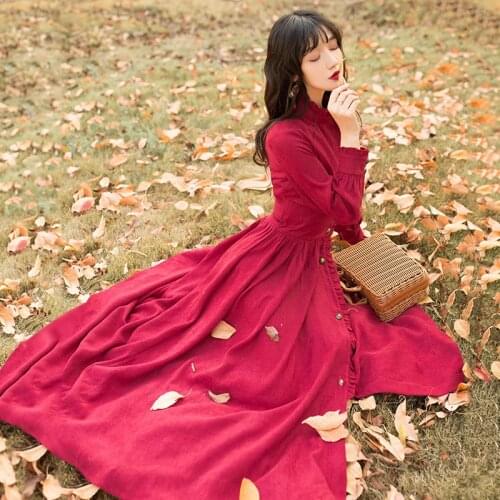 Spring and autumn Women clothing new French niche retro corduroy wine red dress waist was thin temperament long High waist Dress