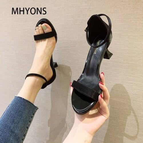 Black High Heel Womens Sandals 2021 Fashion Crystal Diamond Sexy One Word Ankle Strap Square Toe Back Cover Heels Shoes Women