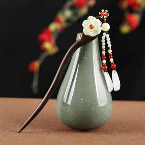 Women Ebony Wood Hair Sticks Bu Yao Girls Hairpin Vintage Hair Stick Clip Flower Long Tassel Hair Bun Hair Accessories Headwear