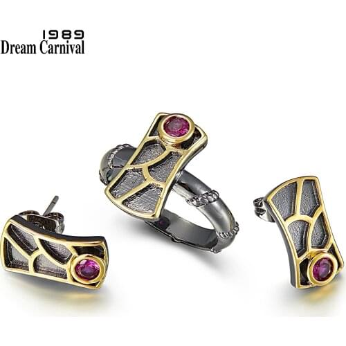 DreamCarnival 1989 New Geometric Fish Scale Earrings and Rings Set For Women Red Zircon Hot Pick Sunday Party Jewelry WE3959S2